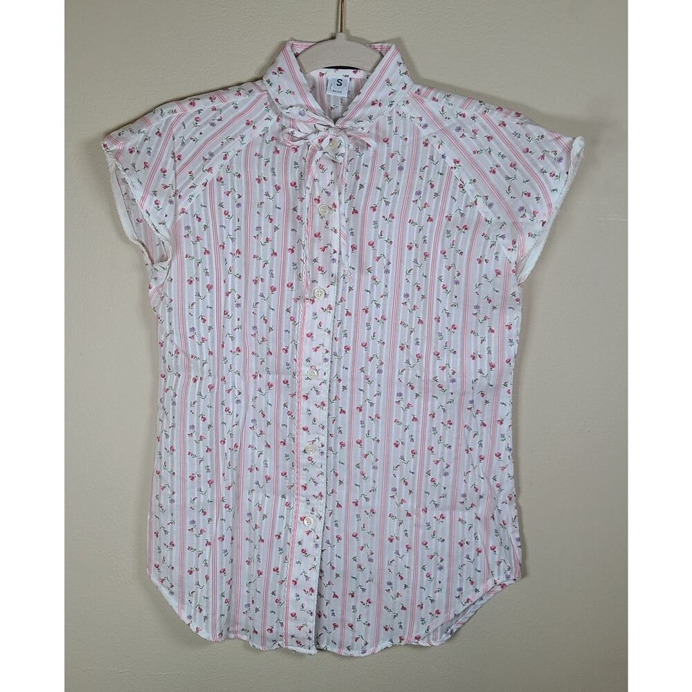 Vintage 80s Sm Womens Teens Cap Sleeve Neck-tie Button Up Shirt Rosebuds